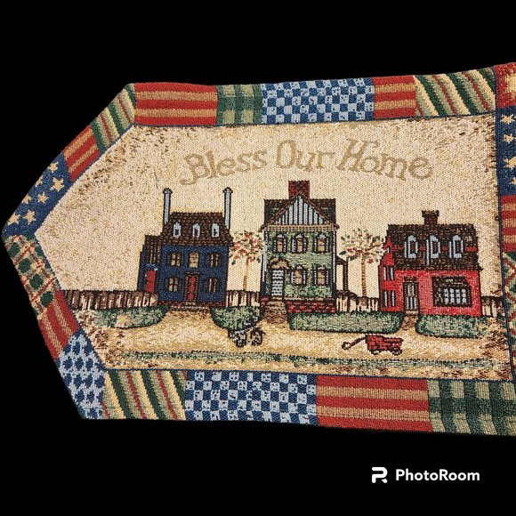 Tapestry Table Runner Bless Our Home Americana Country Houses - Picture 2 of 5